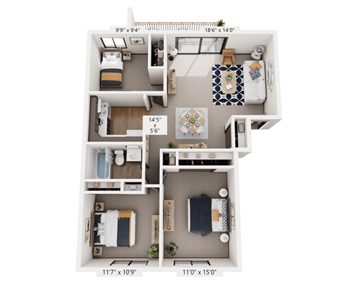 Floor plan for 3 beds, 1 bath, 900 sqft